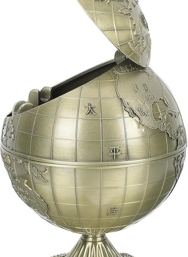 صينية سجائر كرة أرضية معدنية قديمة مقاومة للرياح مع غطاء دلو تخزين سطح المكتب - Image 1